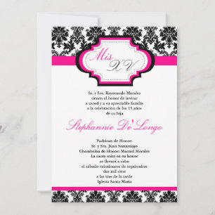 5x7 Hot Pink Damask Quinceanera Invitation