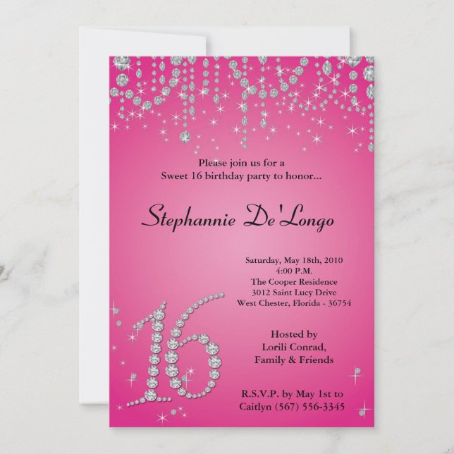 5x7 Hot Pink Diamond Sweet 16 Birthday Invitation (Front)