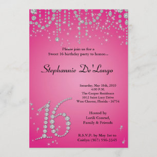 5x7 Hot Pink Diamond Sweet 16 Birthday Invitation