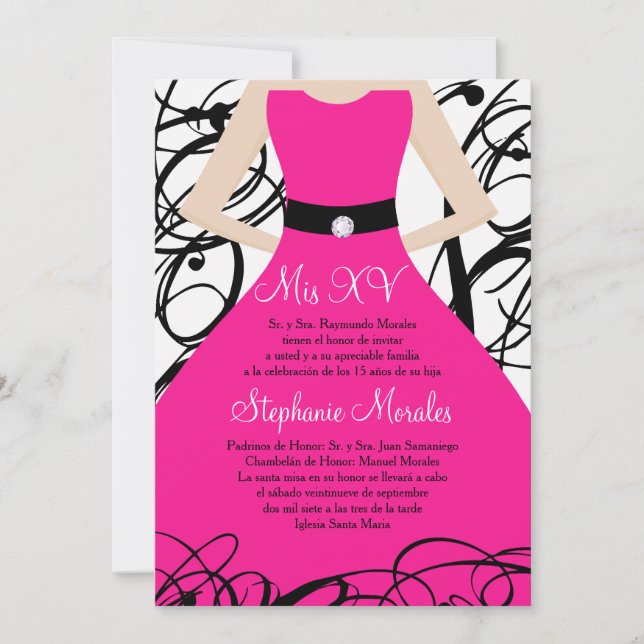 5x7 Hot Pink Dress Quinceanera Birthday Invitation (Front)