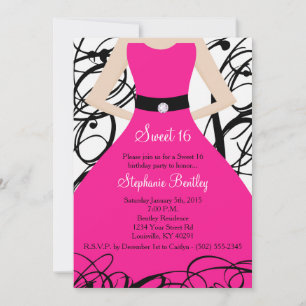 5x7 Hot Pink Dress Sweet 16 Birthday Invitation