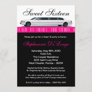 5x7 Hot Pink Limo Sweet 16 Birthday Invitation