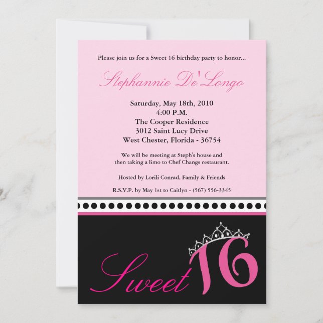 5x7 Hot Pink Tiara Sweet 16 Birthday Invitation (Front)