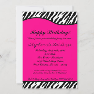 5x7 Hot Pink Zebra Birthday Party Invitation