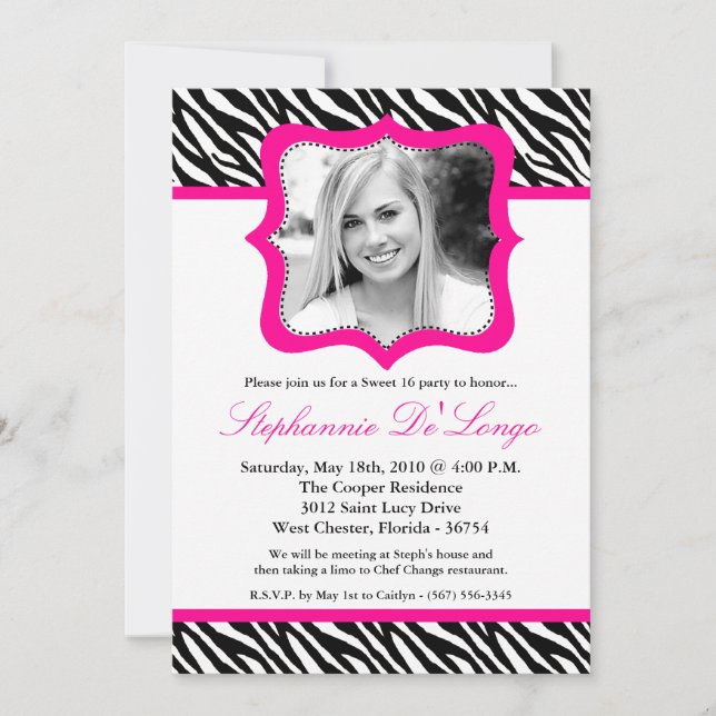 5x7 Hot Pink Zebra PHOTO Sweet 16 Birthday Invite (Front)