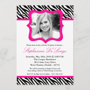 5x7 Hot Pink Zebra PHOTO Sweet 16 Birthday Invite