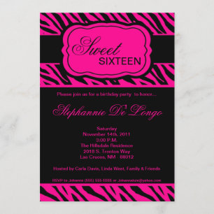 5x7 Hot Pink Zebra Print Birthday Party Invitation