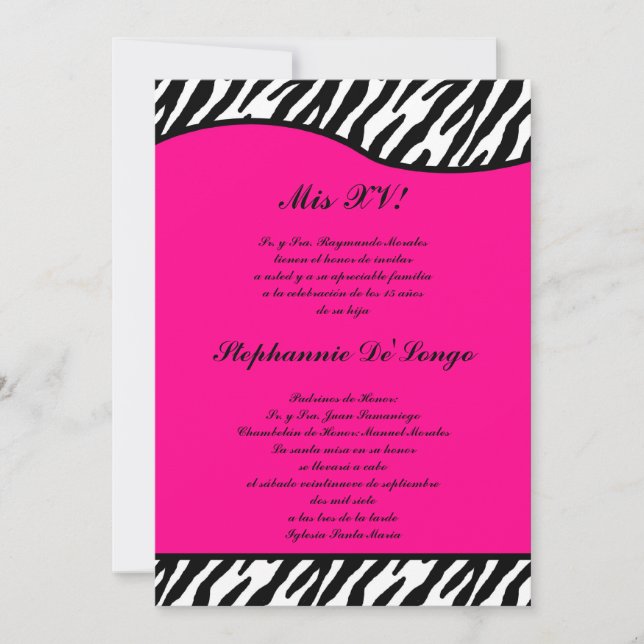 5x7 Hot Pink Zebra Quinceanera Party Invite (Front)