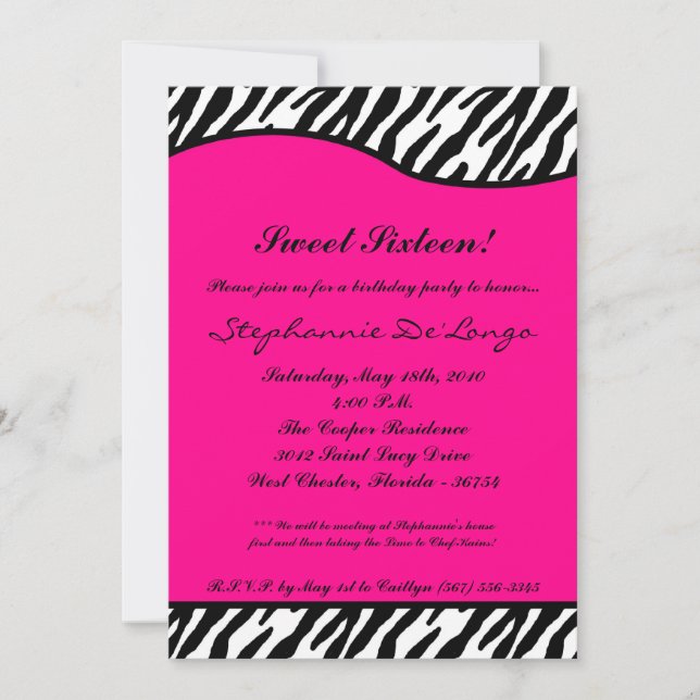 5x7 Hot Pink Zebra Sweet16 Birthday Party Invite (Front)