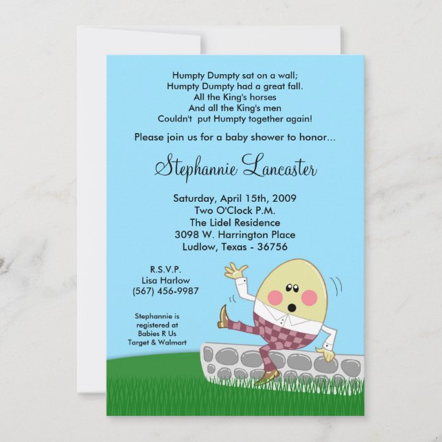5x7 Humpty Dumpty Nursery Baby Shower Invitation (Front)
