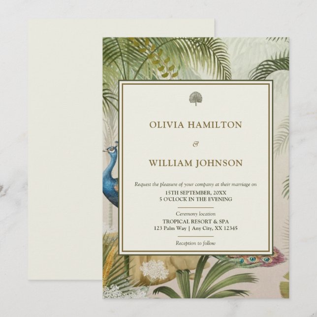 5x7 Ivory Tropical Peacock Palm Wedding  Invitation (Front/Back)