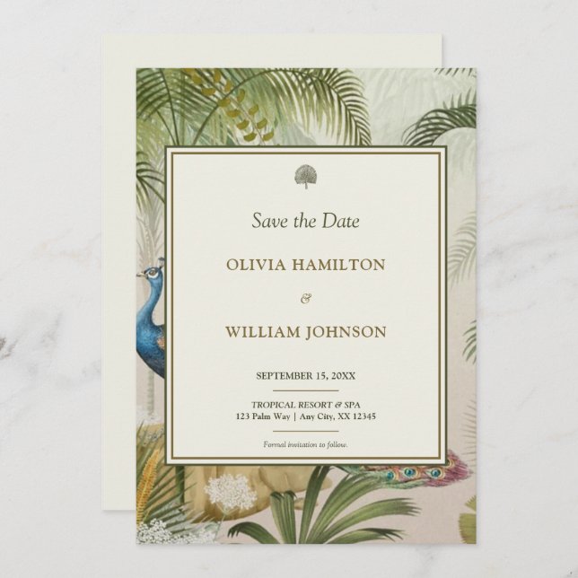 5x7 Ivory Tropical Peacock Palm Wedding  Save The Date (Front/Back)