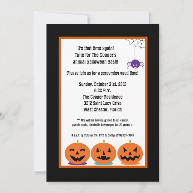 5x7 Jack-o-lantern Halloween Bash Party Invitation (Front)