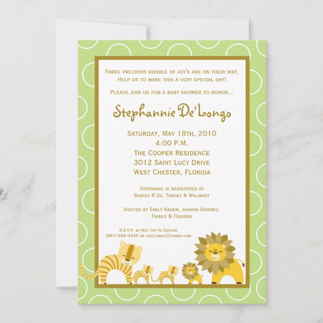 5x7 Jungle Boy Gir TRIPLETS Baby Shower Invitation (Front)