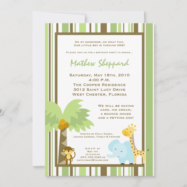 5x7 Jungle Safari Animal Birthday Party Invitation (Front)
