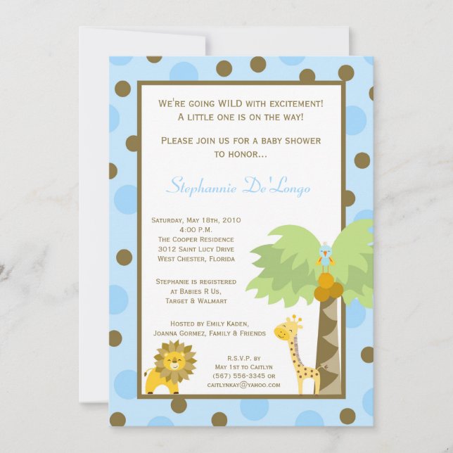 5x7 Jungle Safari Zoo Anima Baby Shower Invitation (Front)