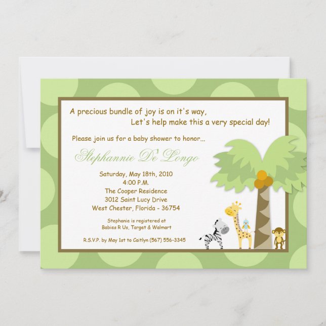 5x7 Jungle Safari Zoo Anima Baby Shower Invitation (Front)
