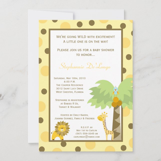 5x7 Jungle Safari Zoo Anima Baby Shower Invitation (Front)