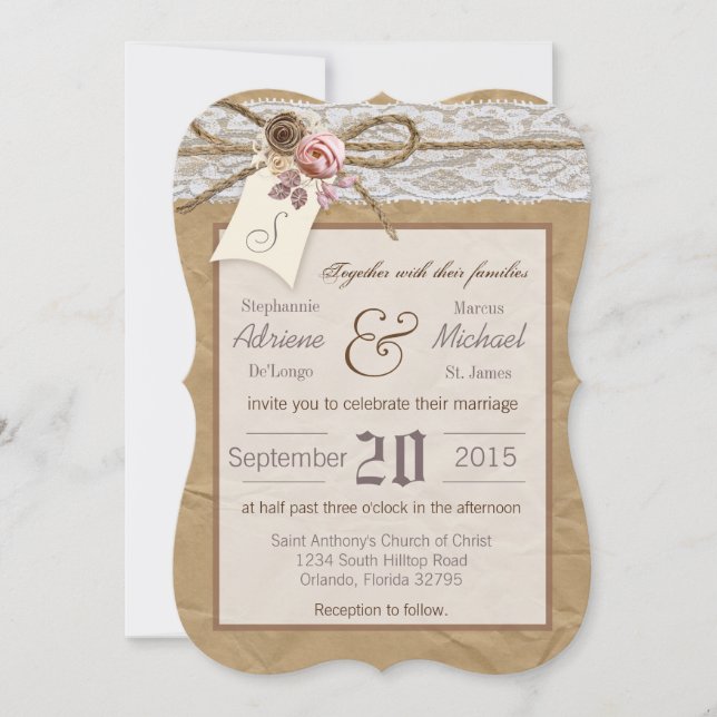 5x7 Kraft Paper Lace Twine Bow Wedding Invitation (Front)