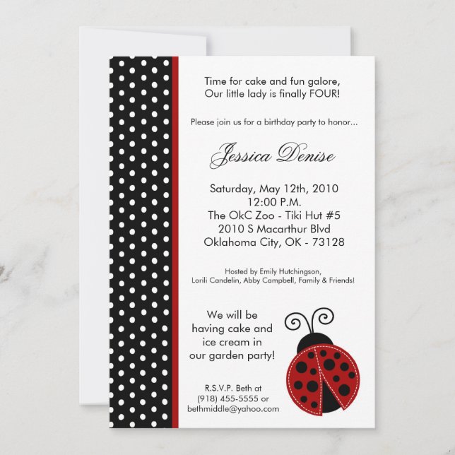 5x7 Lady Bug Black Polka Birthday Party Invitation (Front)
