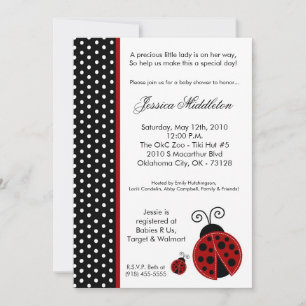 5x7 Lady Bug Black PolkaDot Baby Shower Invitation