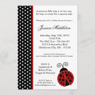 5x7 Lady Bug Black PolkaDot Baby Shower Invitation