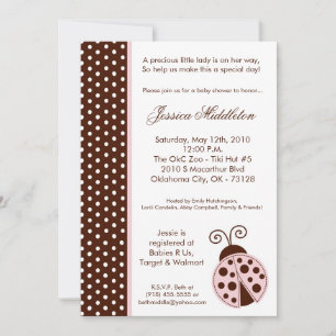 5x7 Lady Bug Pink PolkaDot Baby Shower Invitation
