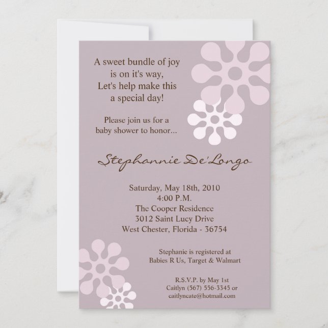 5x7 Lavender Purple Flower Baby Shower Invitation (Front)