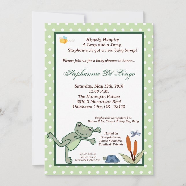 5x7 Leap Frog Turtle Pond Baby Shower Invitation (Front)