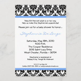 5x7 Light Blue Black Damask Baby Shower Invitation