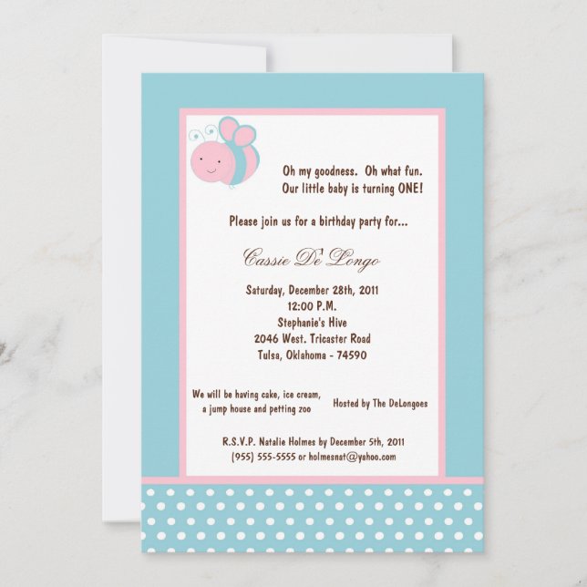 5x7 Light Blue Bumble Bee Birthday Party Invite (Front)
