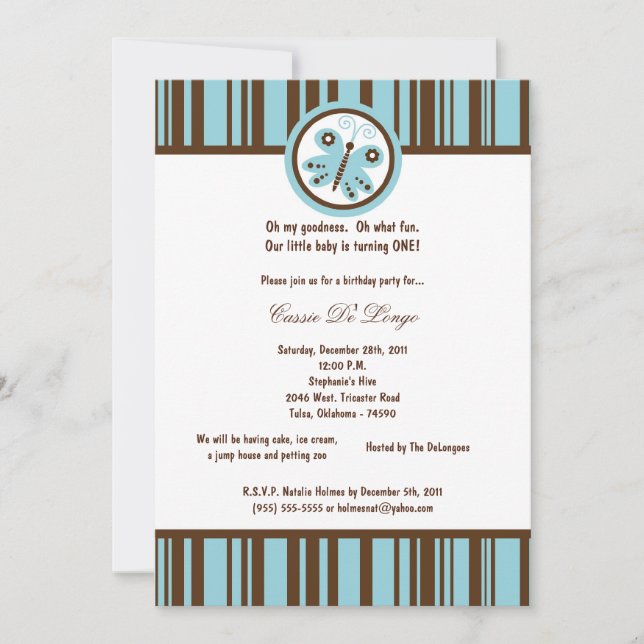 5x7 Light Blue Butterfly Birthday Party Invite (Front)