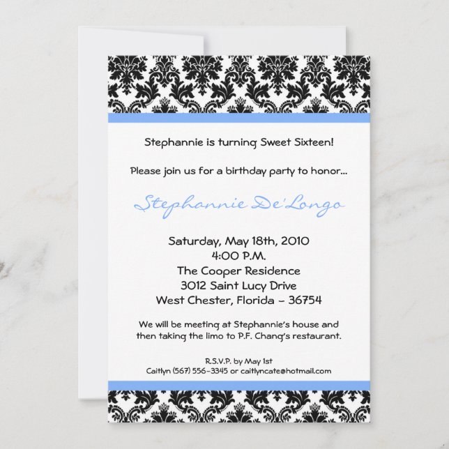 5x7 Light Blue Damask Birthday Party Invitation (Front)