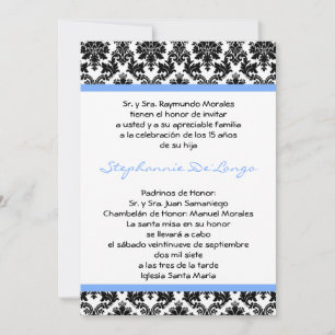 5x7 Light Blue Damask Quinceanera Invitation