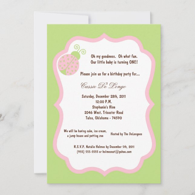 5x7 Light Green Lady Bug Birthday Party Invite (Front)