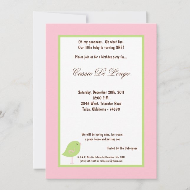 5x7 Light Pink Bird Birthday Party Invite (Front)