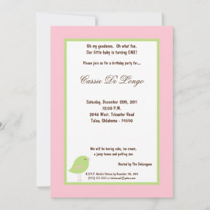 5x7 Light Pink Bird Birthday Party Invite