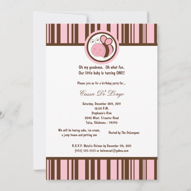 5x7 Light Pink Bumble Bee Birthday Party Invite (Front)