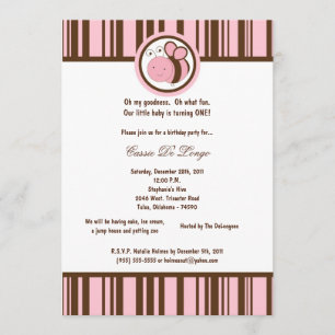 5x7 Light Pink Bumble Bee Birthday Party Invite