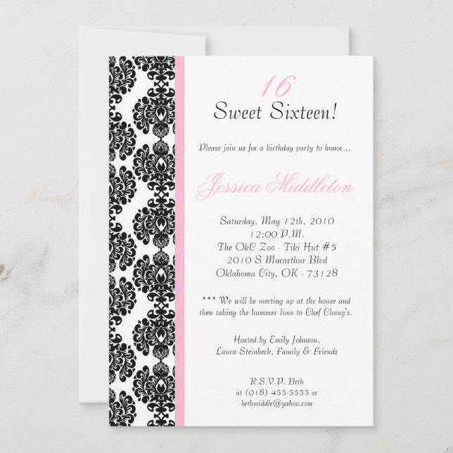 5x7 Light Pink Damask Birthday Party Invitation (Front)