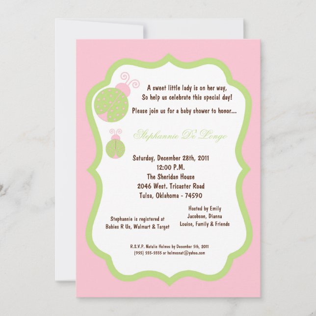 5x7 Light Pink Lady Bug Baby Shower Invitation (Front)