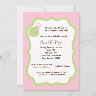 5x7 Light Pink Lady Bug Birthday Party Invite