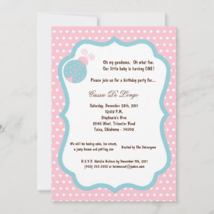 5x7 Light Pink Lady Bug Birthday Party Invite