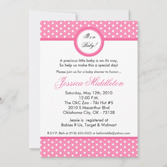 5x7 Light Pink Polka Dot Baby Shower Invitation (Front)