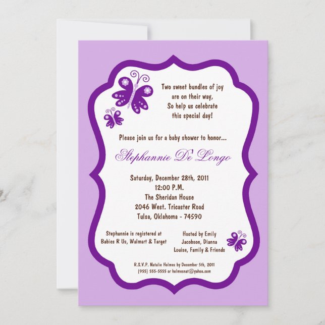 5x7 Light Purple Butterfly Baby Shower Invitation (Front)