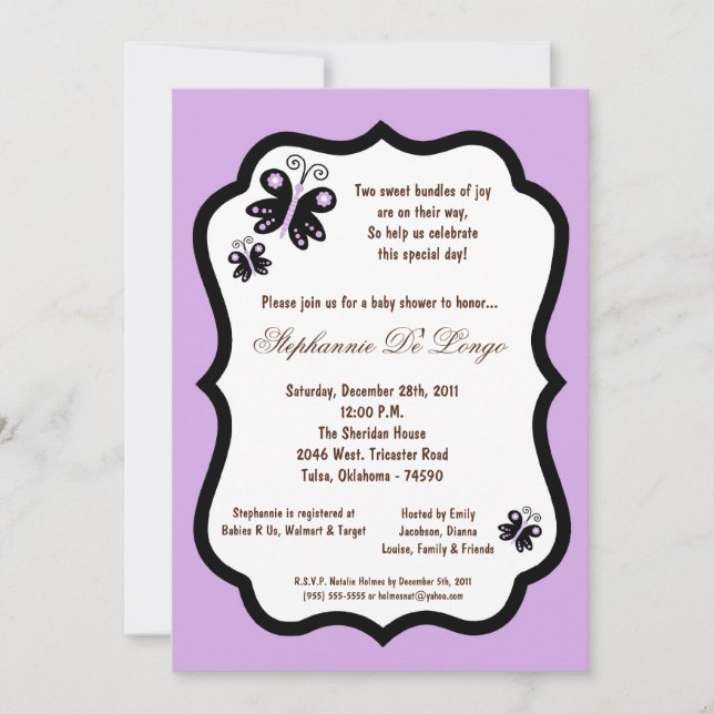 5x7 Light Purple Butterfly Baby Shower Invitation (Front)