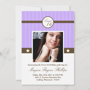 5x7 Lila Purple PHOTO Sweet 16 Birthday Invitation