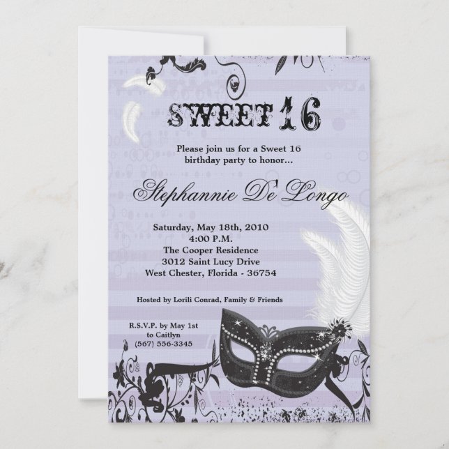5x7 Lilac Masquerade Sweet 16 Birthday Invitation (Front)