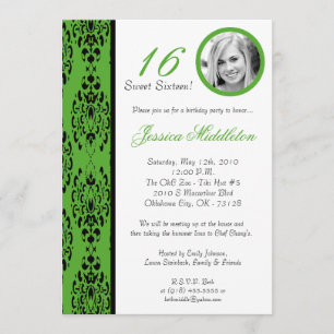 5x7 Lime Green Damask 16 Birthday Party Invitation