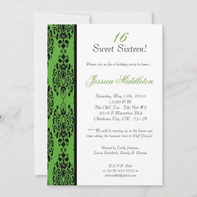 5x7 Lime Green Damask Birthday Party Invitation (Front)